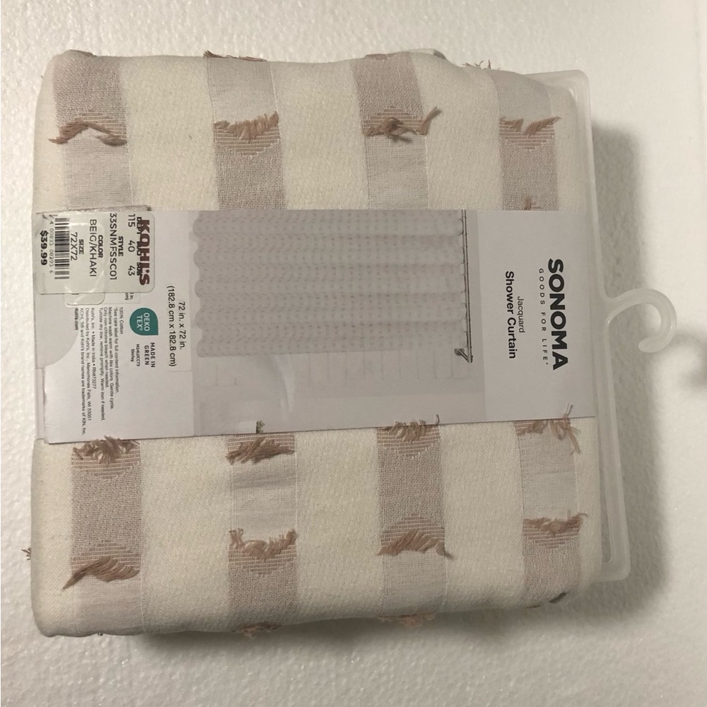 Sonoma Cream and Tan Striped With Frayed Edges Textured Shower Curtain